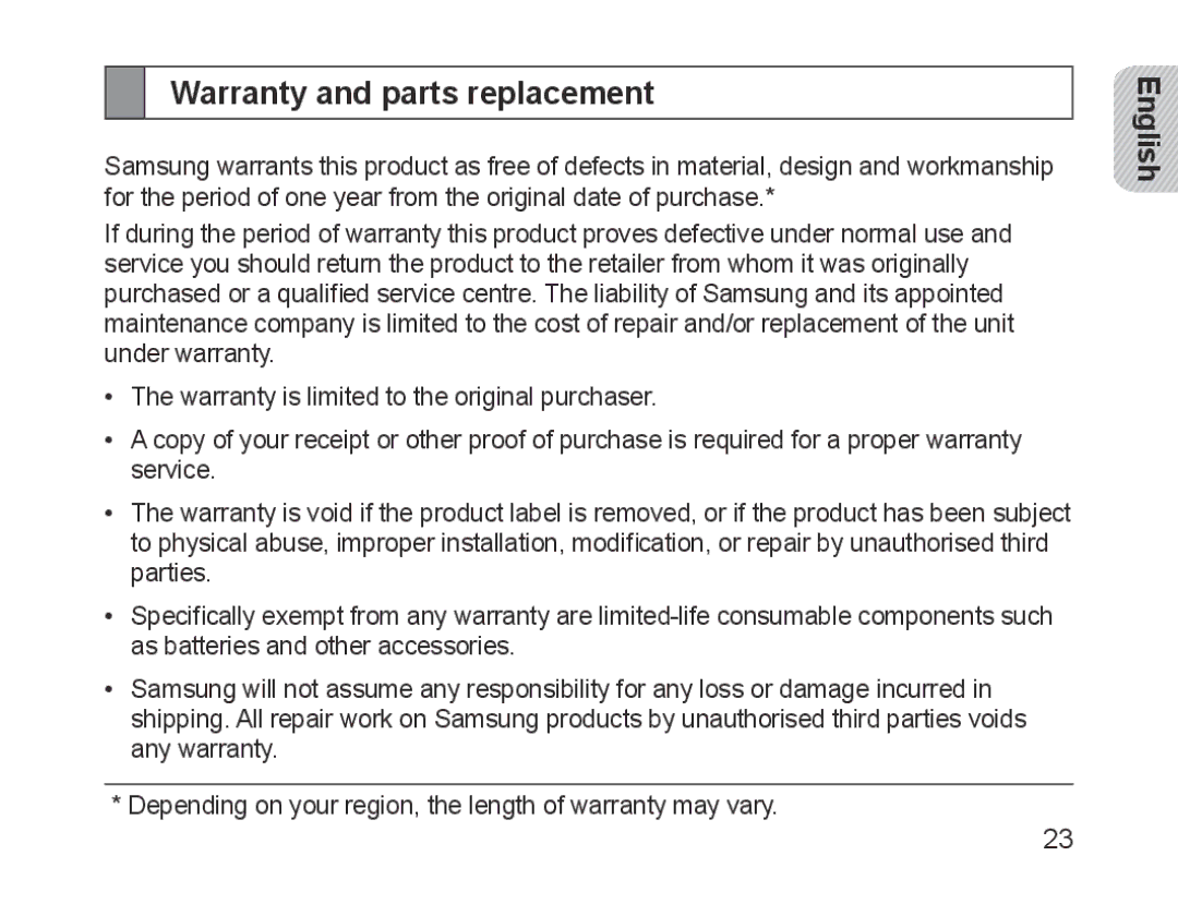 Samsung BHM1700EPECXEF, BHM1700VDECXEF, BHM1700VPECXEF, BHM1700EDECXEF, BHM1700EBECXEF manual Warranty and parts replacement 