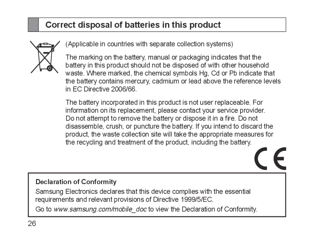 Samsung BHM1700EDECFOP, BHM1700VDECXEF manual Correct disposal of batteries in this product, Declaration of Conformity 