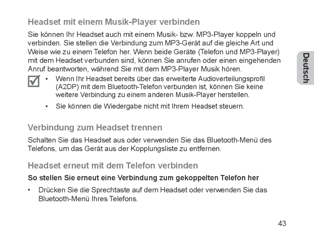 Samsung BHM1700EBECXEF, BHM1700VDECXEF manual Headset mit einem Musik-Player verbinden, Verbindung zum Headset trennen 