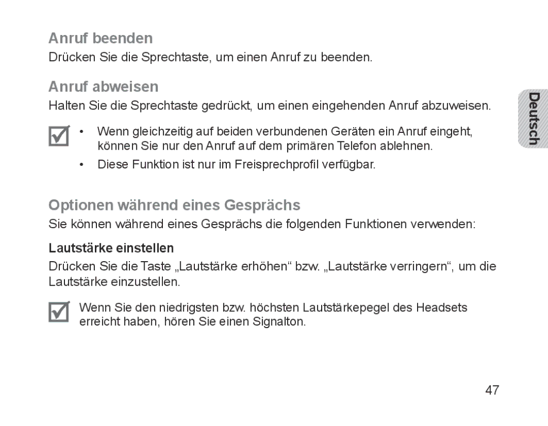 Samsung BHM1700EDECFOP manual Anruf beenden, Anruf abweisen, Optionen während eines Gesprächs, Lautstärke einstellen 