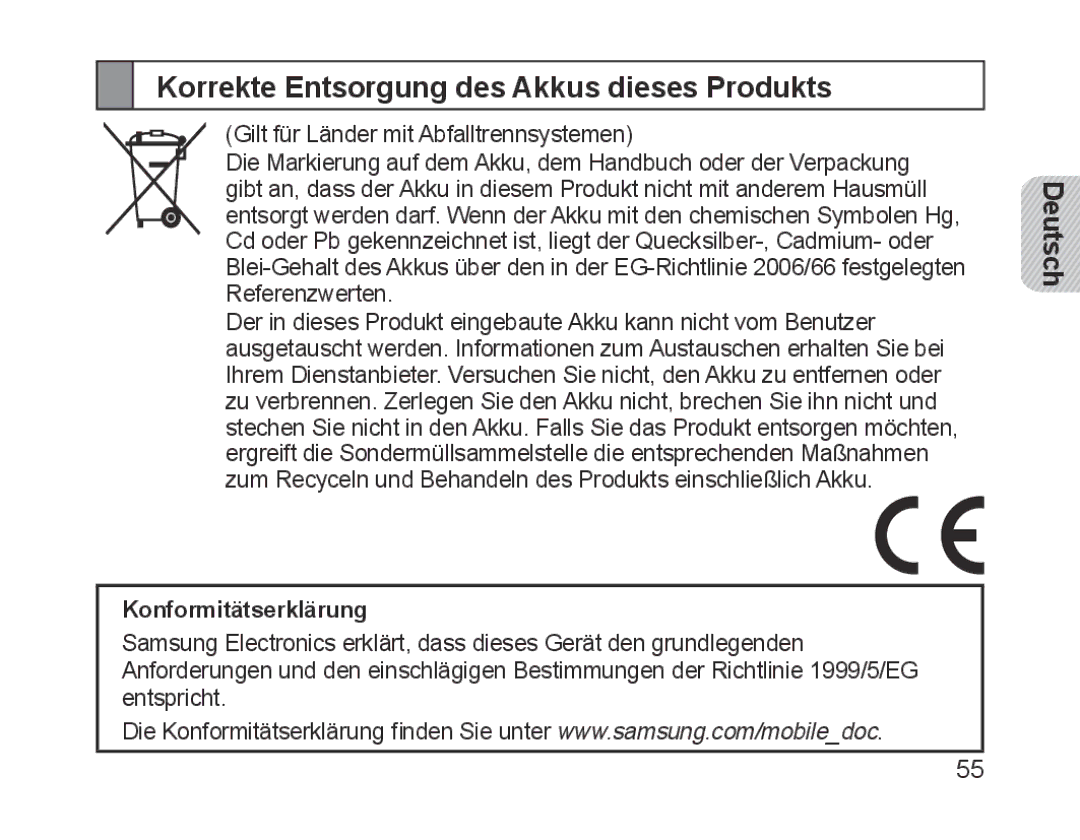 Samsung BHM1700EDECILO, BHM1700VDECXEF, BHM1700VPECXEF Korrekte Entsorgung des Akkus dieses Produkts, Konformitätserklärung 