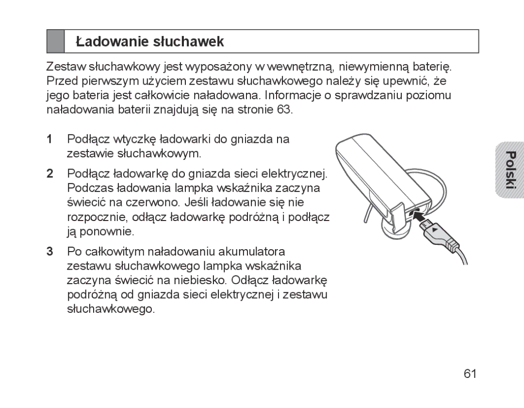 Samsung BHM1700VDECXEF, BHM1700VPECXEF, BHM1700EDECXEF, BHM1700EBECXEF, BHM1700EPECXEF manual Ładowanie słuchawek, Polski 