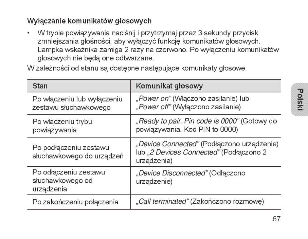 Samsung BHM1700EPECXET, BHM1700VDECXEF, BHM1700VPECXEF manual Wyłączanie komunikatów głosowych, Stan Komunikat głosowy 