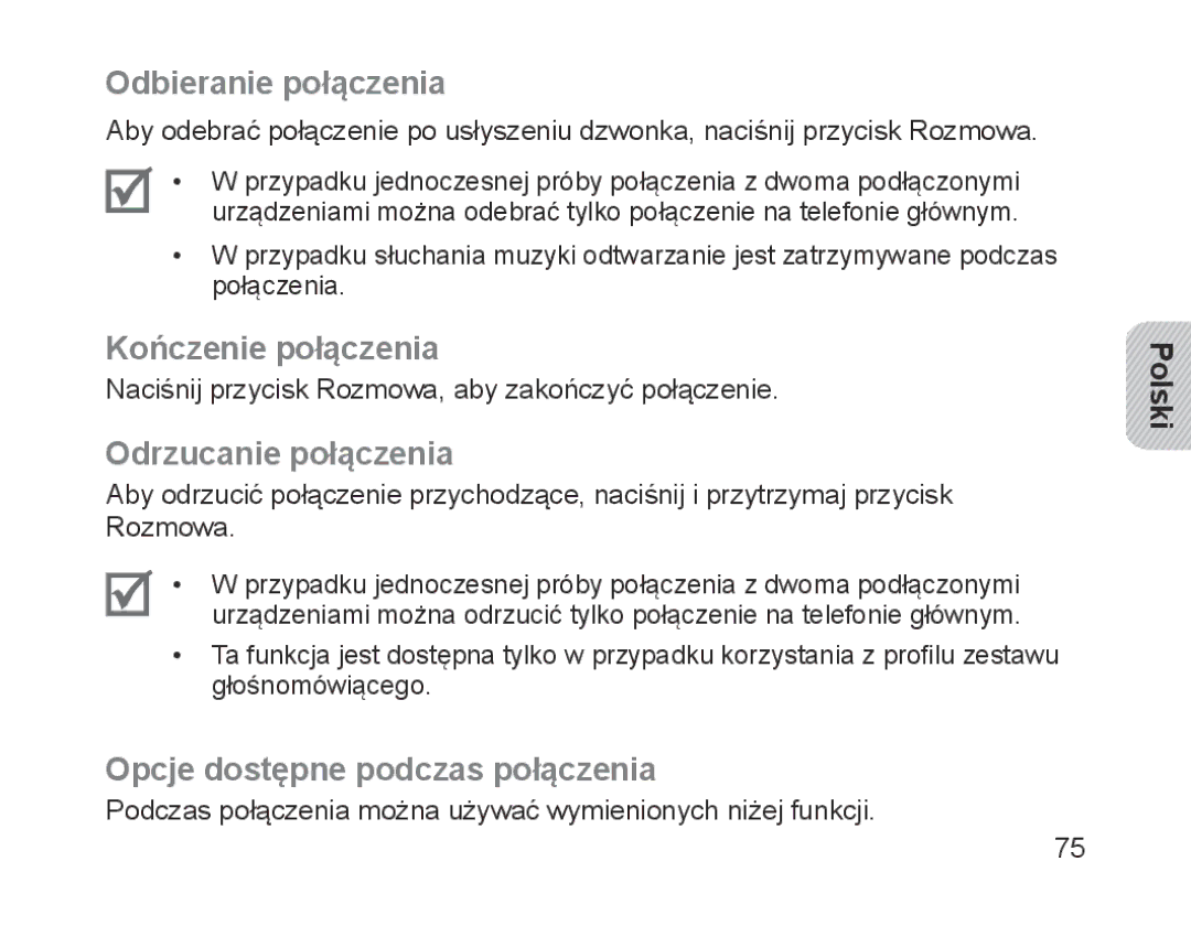 Samsung BHM1700EDECEUR, BHM1700VDECXEF, BHM1700VPECXEF Odbieranie połączenia, Kończenie połączenia, Odrzucanie połączenia 