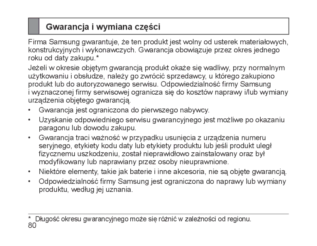 Samsung BHM1700EDRCSER, BHM1700VDECXEF, BHM1700VPECXEF, BHM1700EDECXEF, BHM1700EBECXEF manual Gwarancja i wymiana części 