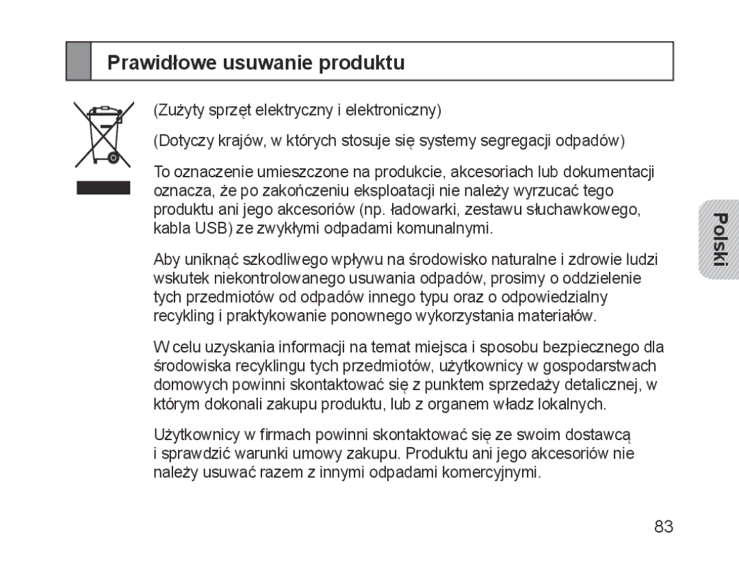 Samsung BHM1700VPECXEF, BHM1700VDECXEF, BHM1700EDECXEF, BHM1700EBECXEF, BHM1700EPECXEF manual Prawidłowe usuwanie produktu 