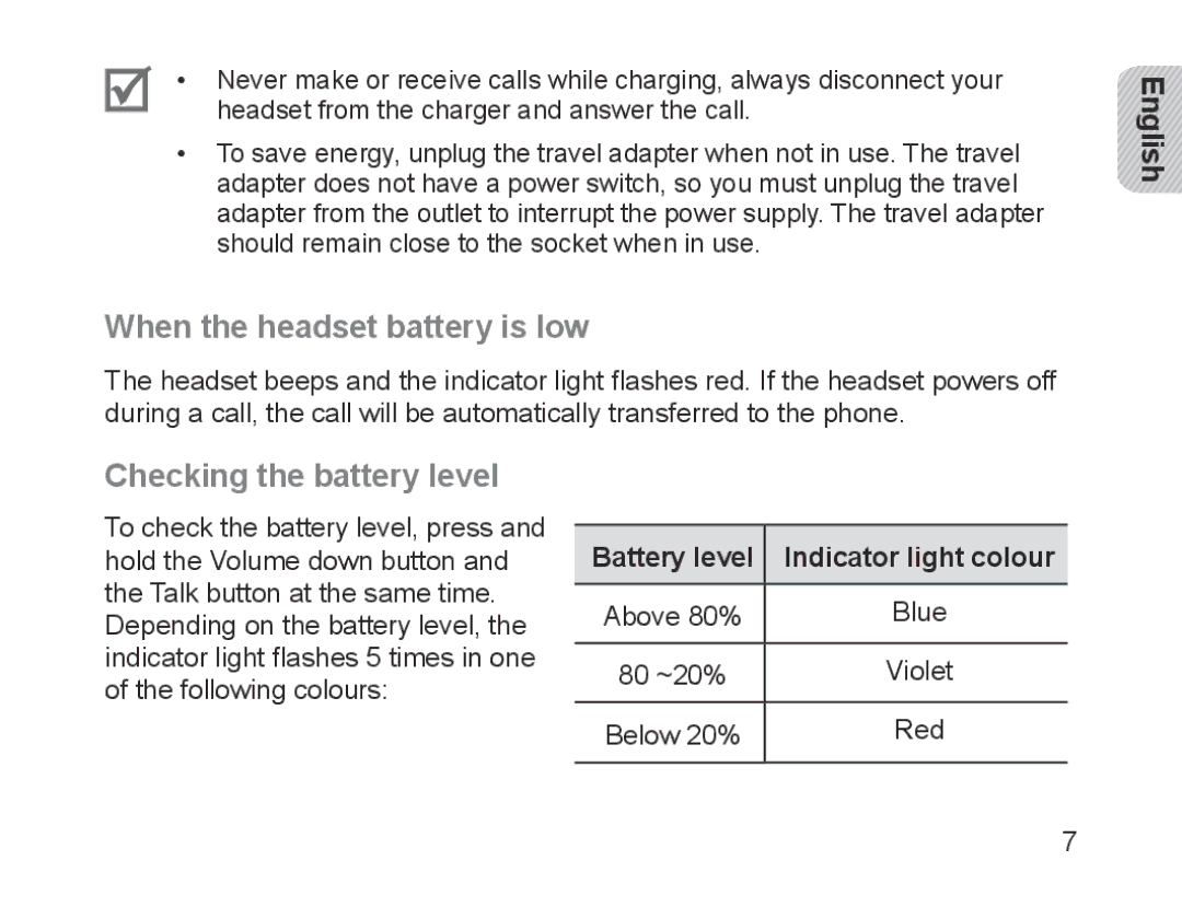 Samsung BHM1700EDECXEH When the headset battery is low, Checking the battery level, Battery level Indicator light colour 