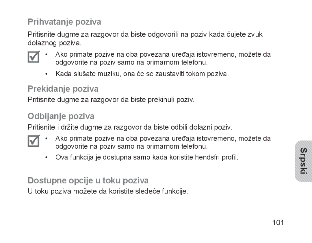 Samsung BHM1700EDRCSER manual Prihvatanje poziva, Prekidanje poziva, Odbijanje poziva, Dostupne opcije u toku poziva 