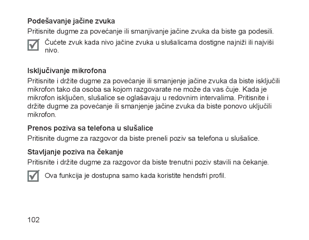 Samsung BHM1700EPRCSER manual Podešavanje jačine zvuka, Isključivanje mikrofona, Prenos poziva sa telefona u slušalice 