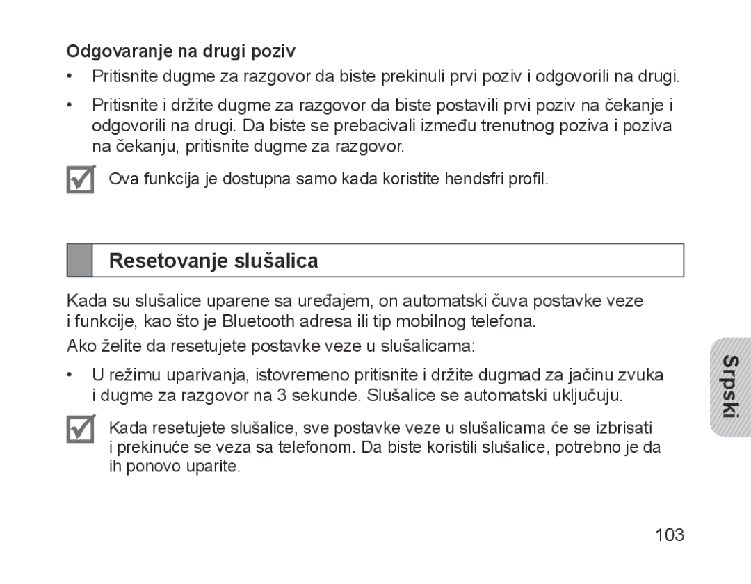 Samsung BHM1700VDECXEF, BHM1700VPECXEF, BHM1700EDECXEF, BHM1700EBECXEF Resetovanje slušalica, Odgovaranje na drugi poziv 