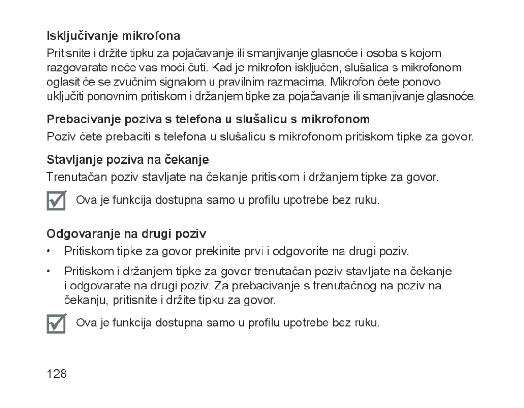 Samsung BHM1700EPECXEF, BHM1700VDECXEF Isključivanje mikrofona, Prebacivanje poziva s telefona u slušalicu s mikrofonom 