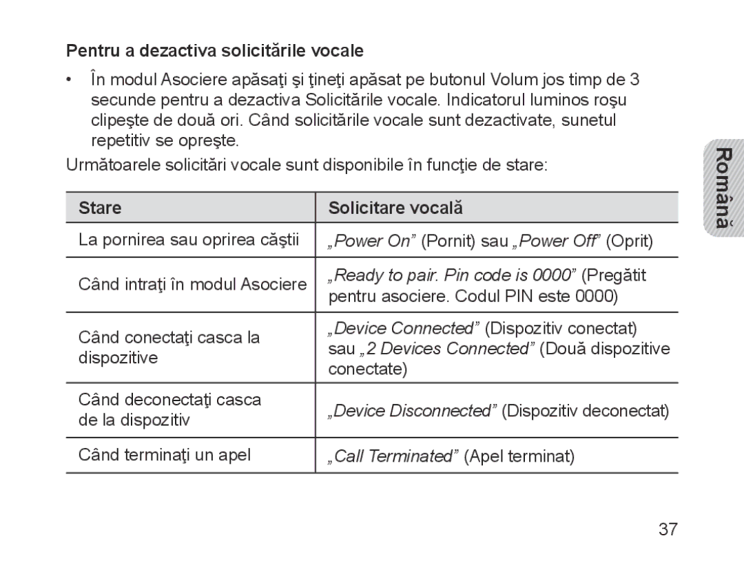 Samsung BHM1700EPECHAT, BHM1700VDECXEF, BHM1700VPECXEF manual Pentru a dezactiva solicitările vocale, Stare Solicitare vocală 