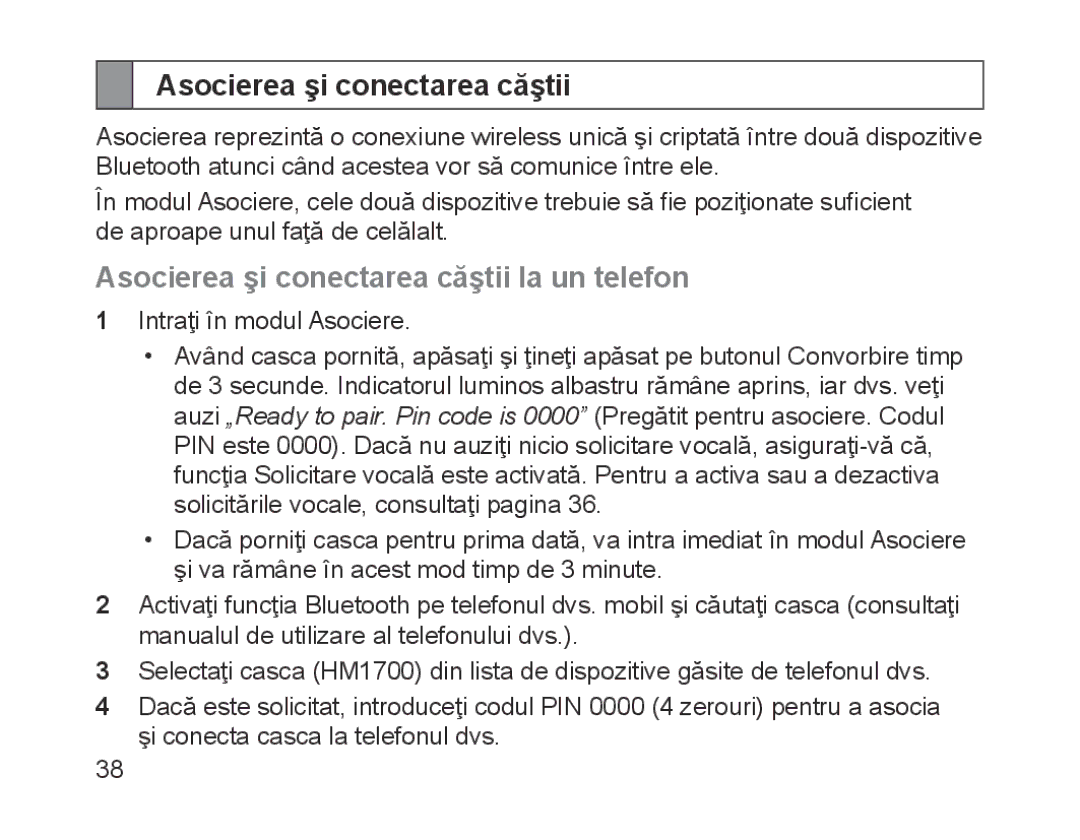 Samsung BHM1700EDRCSER, BHM1700VDECXEF, BHM1700VPECXEF, BHM1700EDECXEF manual Asocierea şi conectarea căştii la un telefon 