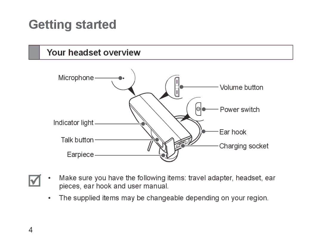 Samsung BHM1700EPECXET, BHM1700VDECXEF, BHM1700VPECXEF, BHM1700EDECXEF, BHM1700EBECXEF Getting started, Your headset overview 