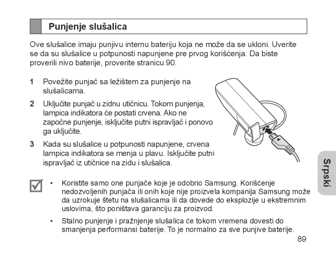 Samsung BHM1700EDECFOP, BHM1700VDECXEF, BHM1700VPECXEF, BHM1700EDECXEF, BHM1700EBECXEF, BHM1700EPECXEF manual Punjenje slušalica 