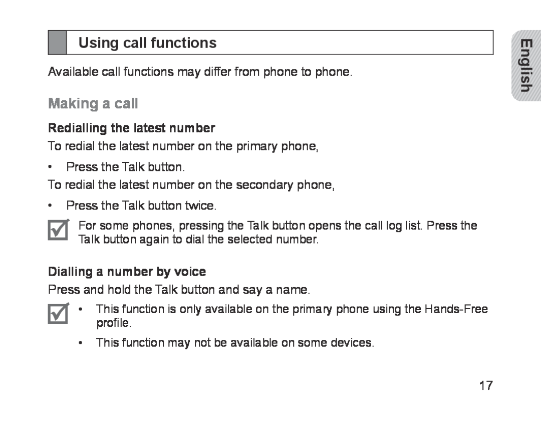 Samsung BHM1700EDRCSER, BHM1700VDECXEF, BHM1700VPECXEF, BHM1700EDECXEF manual Using call functions, Making a call, English 