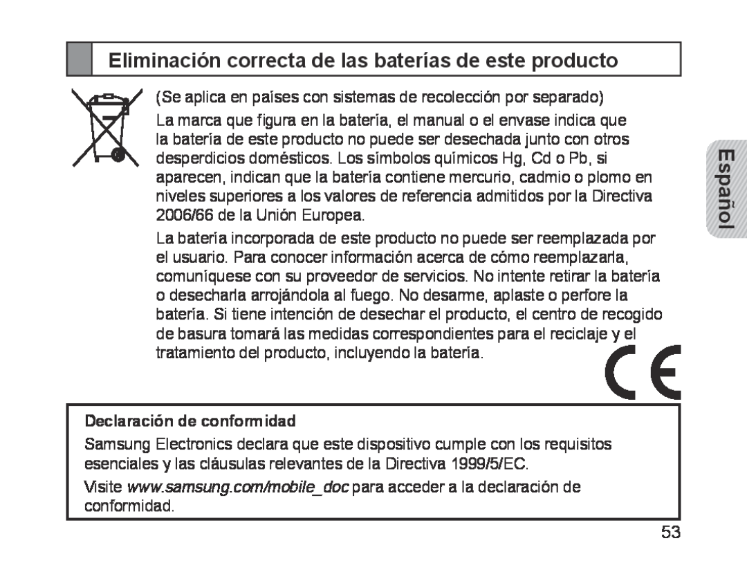 Samsung BHM1700EPECEUR manual Eliminación correcta de las baterías de este producto, Español, Declaración de conformidad 