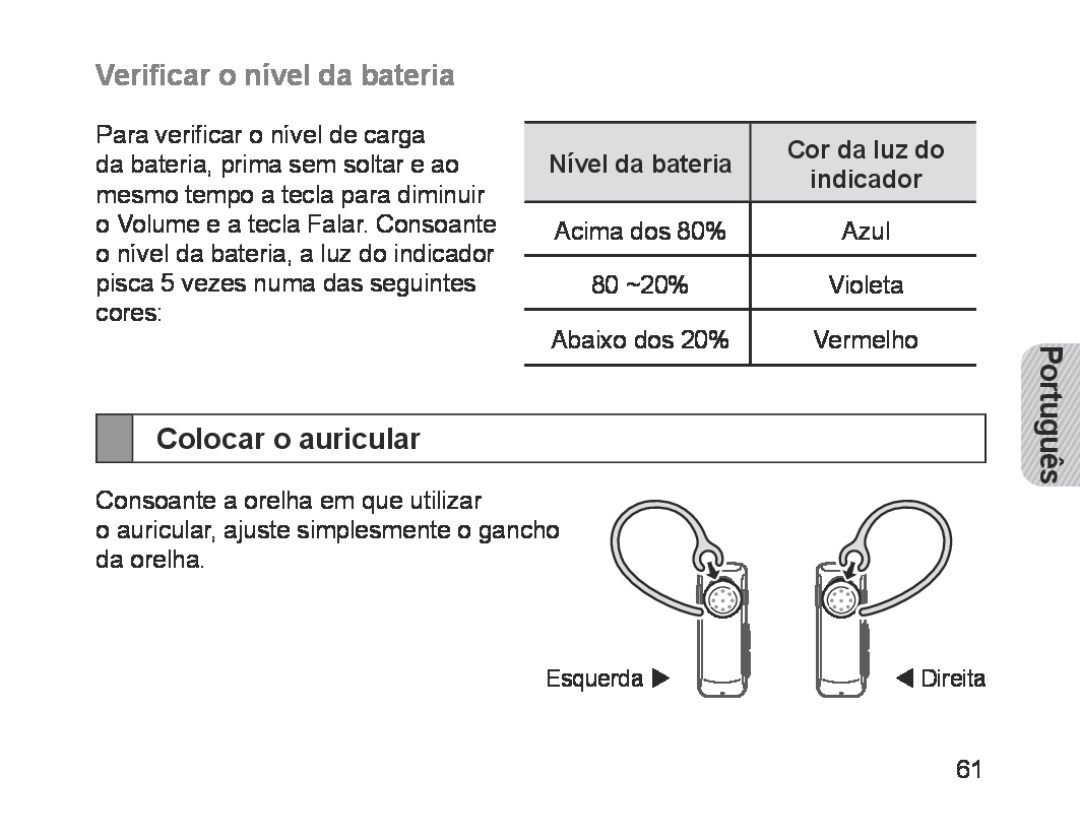Samsung BHM1700VDECXEF manual Verificar o nível da bateria, Colocar o auricular, Português, Nível da bateria, Cor da luz do 