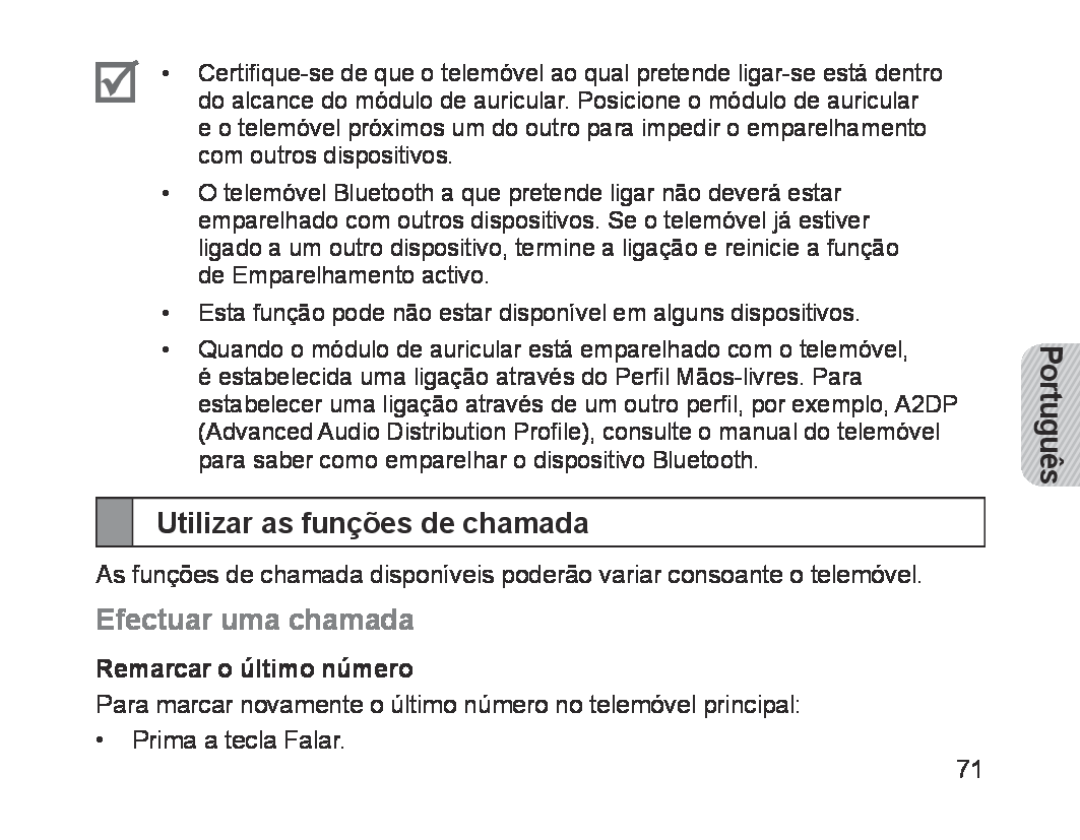 Samsung BHM1700EPECXEH manual Utilizar as funções de chamada, Efectuar uma chamada, Português, Remarcar o último número 