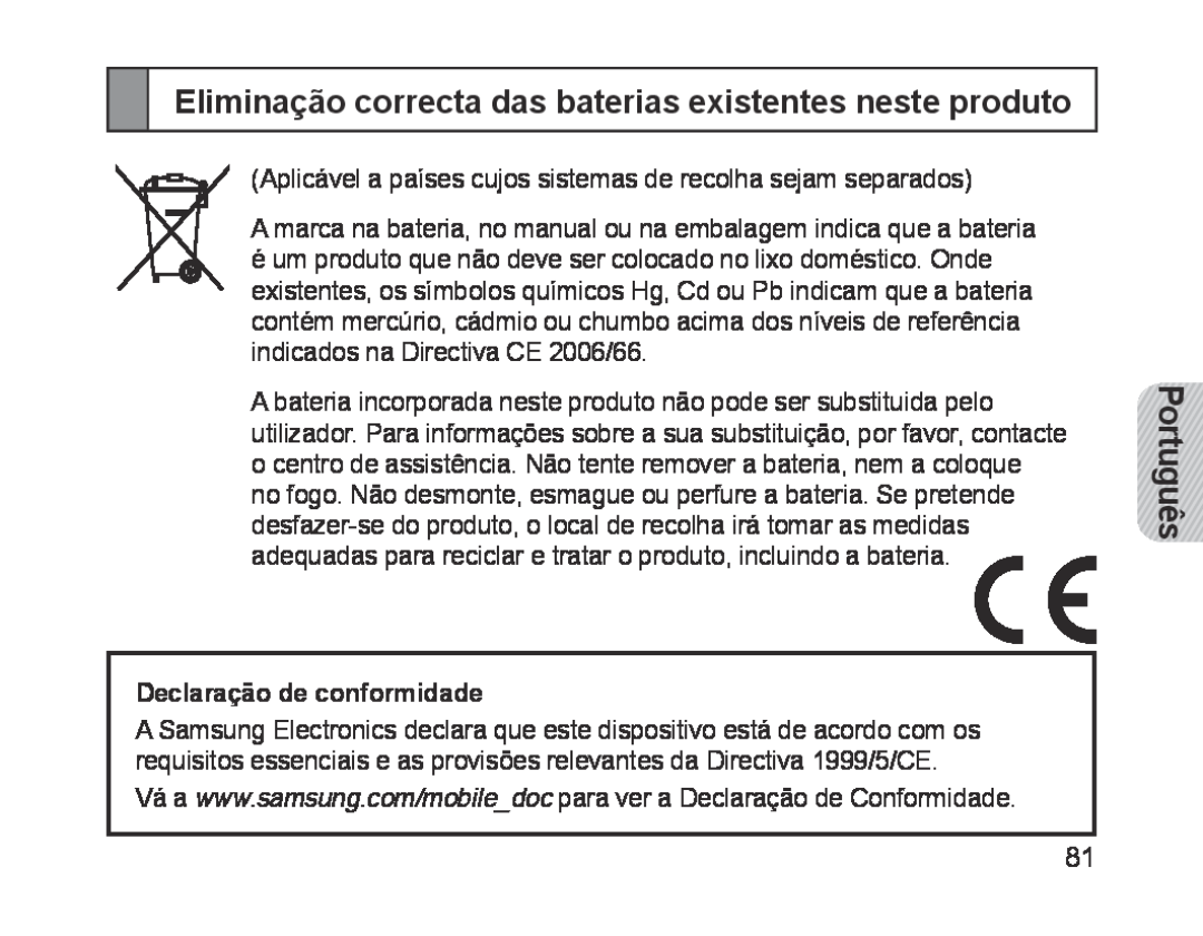 Samsung BHM1700EPRCSER Eliminação correcta das baterias existentes neste produto, Português, Declaração de conformidade 