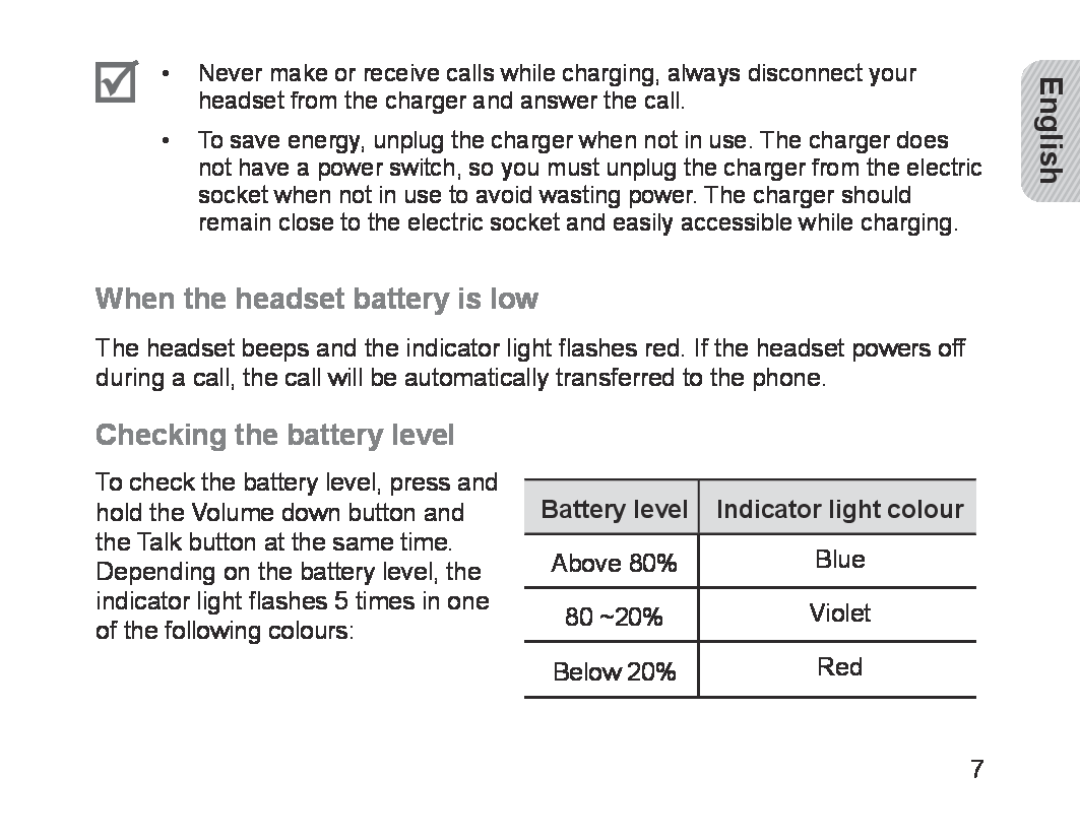 Samsung BHM1700EDECXEH, BHM1700VDECXEF When the headset battery is low, Checking the battery level, English, Battery level 