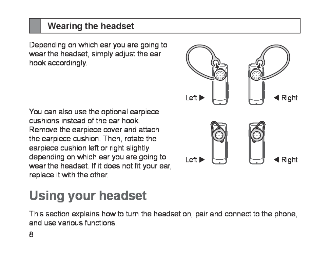 Samsung BHM1700EPECXEH, BHM1700VDECXEF, BHM1700VPECXEF, BHM1700EDECXEF manual Using your headset, Wearing the headset 