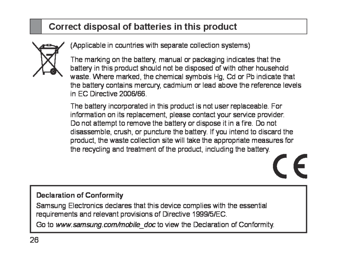 Samsung BHM1700EDECFOP, BHM1700VDECXEF manual Correct disposal of batteries in this product, Declaration of Conformity 