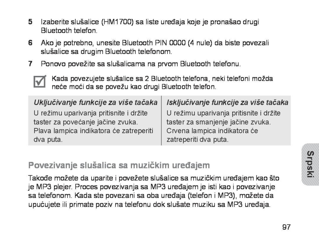 Samsung BHM1700EDECILO manual Povezivanje slušalica sa muzičkim uređajem, Uključivanje funkcije za više tačaka, Srpski 