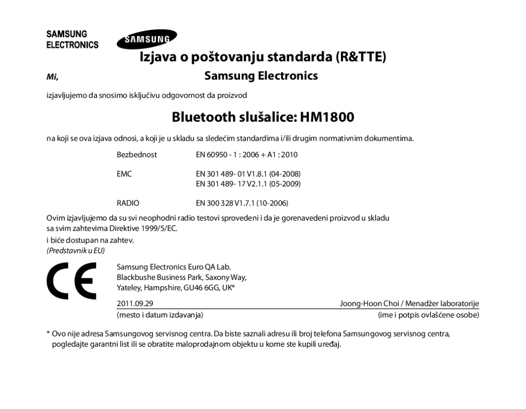 Samsung BHM1800EDECXEV, BHM1800EDECXEF, BHM1800EDECXEH, BHM1800EDECEUR, BHM1800EDECHAT manual Bluetooth slušalice HM1800 