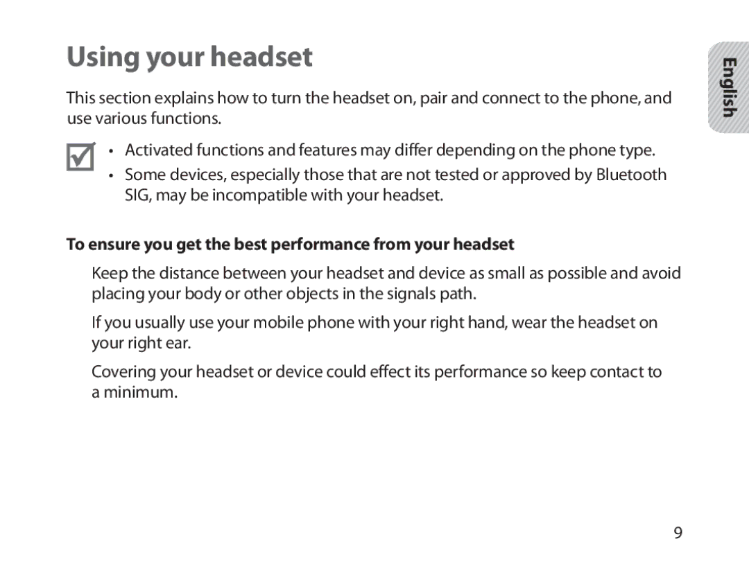 Samsung BHM1800EDRCSER, BHM1800EDECXEF manual Using your headset, To ensure you get the best performance from your headset 