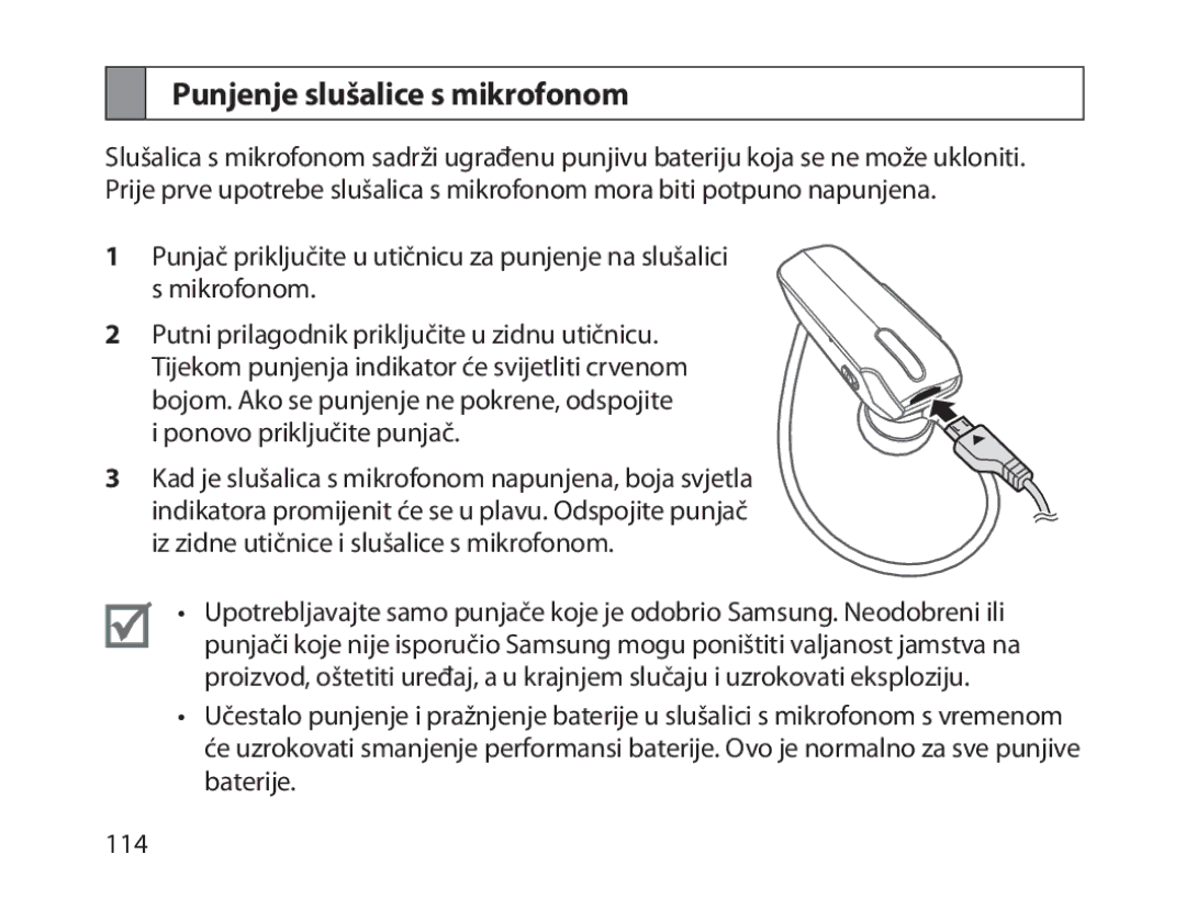 Samsung BHM1800EDECXEH, BHM1800EDECXEF, BHM1800EDECXEV, BHM1800EDECEUR, BHM1800EDECHAT manual Punjenje slušalice s mikrofonom 