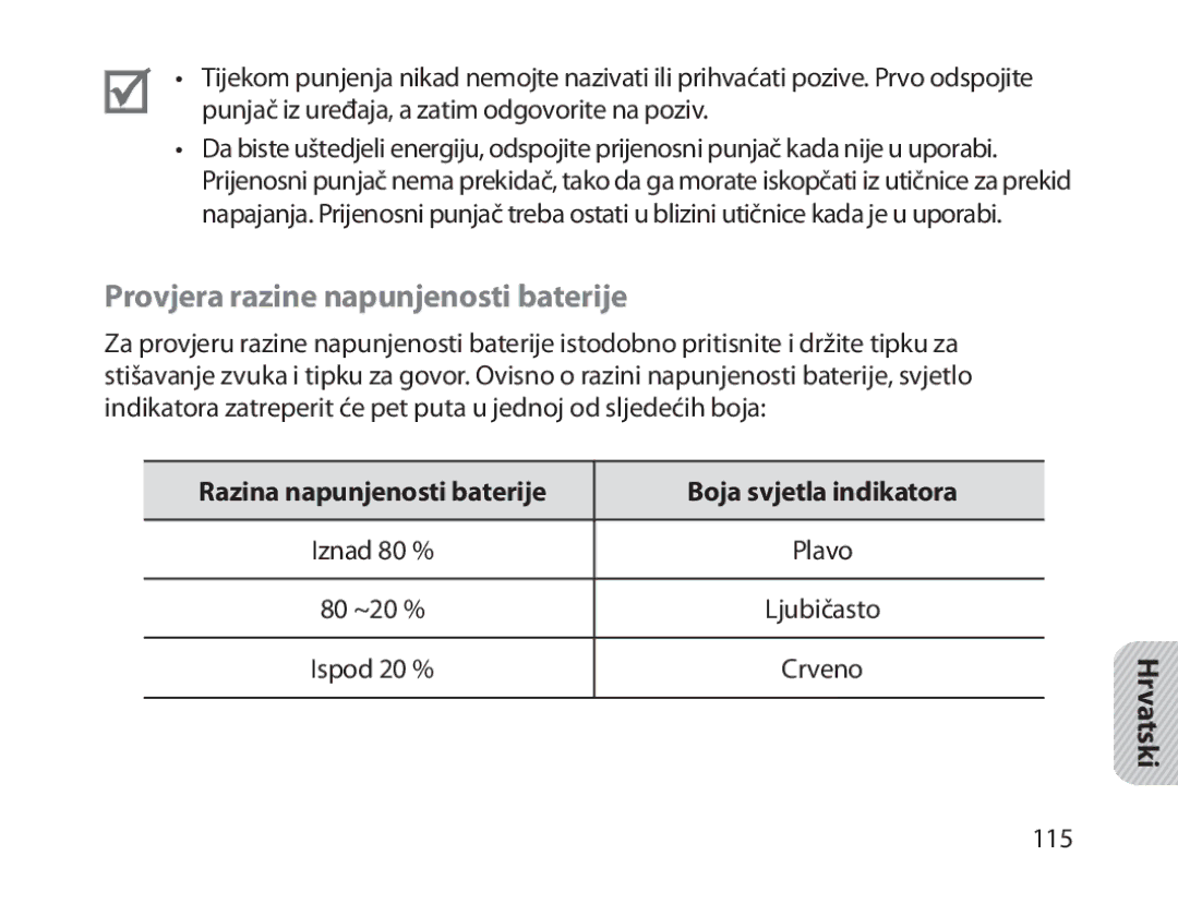 Samsung BHM1800EDECEUR manual Provjera razine napunjenosti baterije, Razina napunjenosti baterije Boja svjetla indikatora 