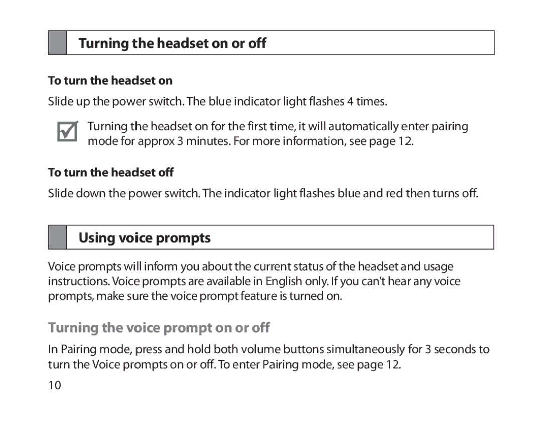 Samsung BHM1800EDECXEF manual Turning the headset on or off, Using voice prompts, Turning the voice prompt on or off 