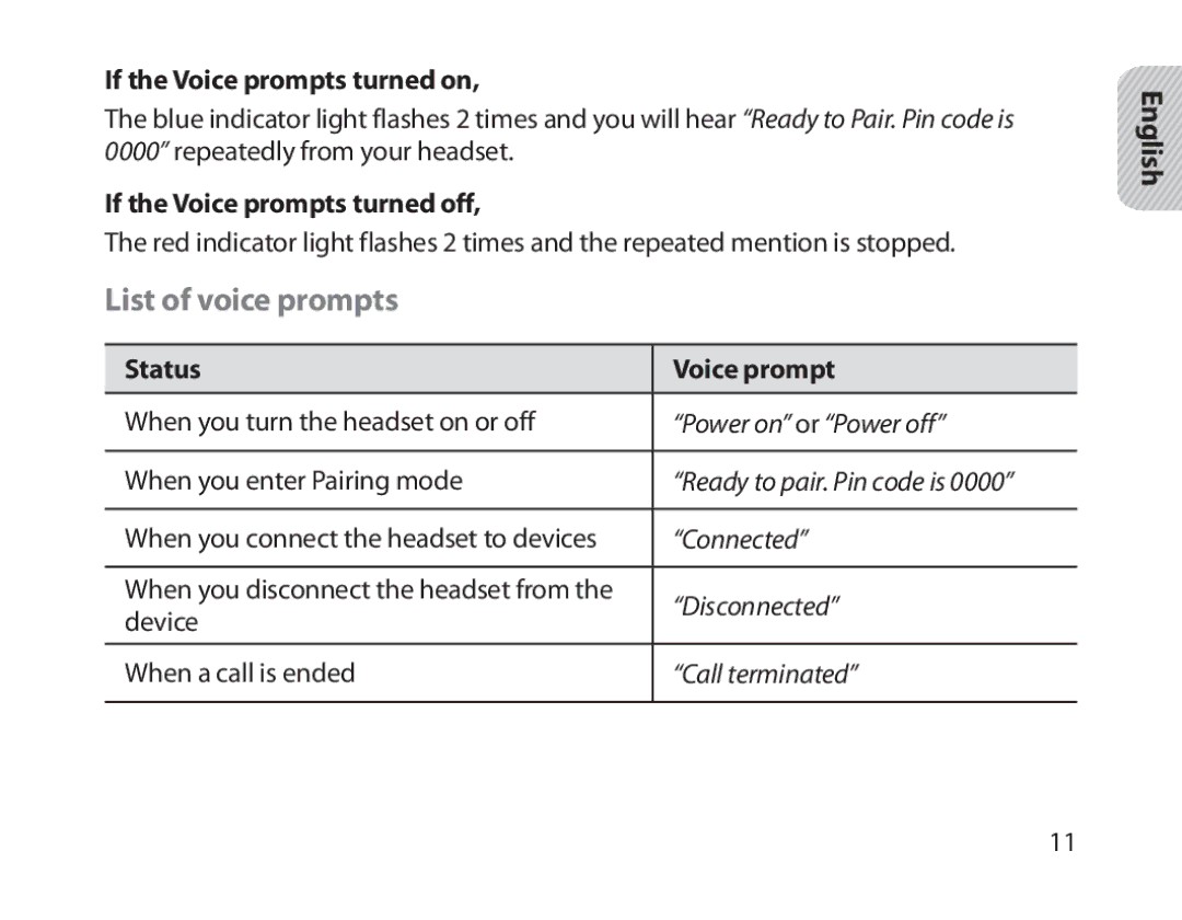 Samsung BHM1800EDECXEV manual List of voice prompts, If the Voice prompts turned on, If the Voice prompts turned off 