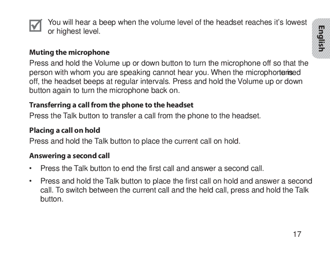 Samsung BHM1800EDECXEV Muting the microphone, Transferring a call from the phone to the headset, Placing a call on hold 