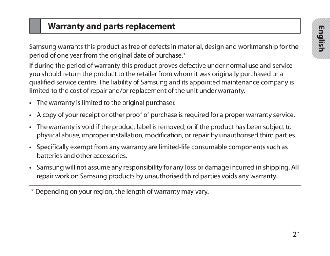 Samsung BHM1800EDRCSER, BHM1800EDECXEF, BHM1800EDECXEV, BHM1800EDECXEH, BHM1800EDECEUR manual Warranty and parts replacement 