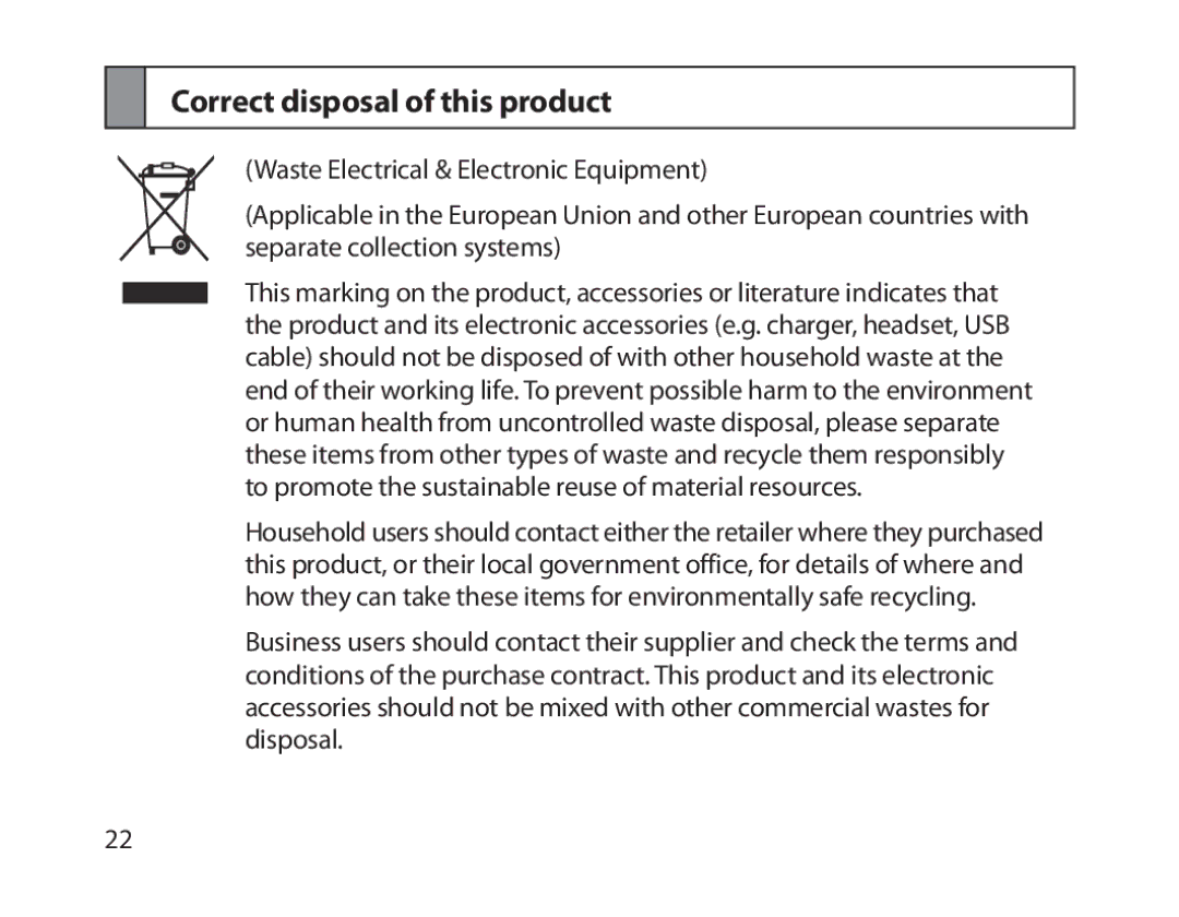 Samsung BHM1800EDECXEF, BHM1800EDECXEV, BHM1800EDECXEH, BHM1800EDECEUR, BHM1800EDECHAT manual Correct disposal of this product 