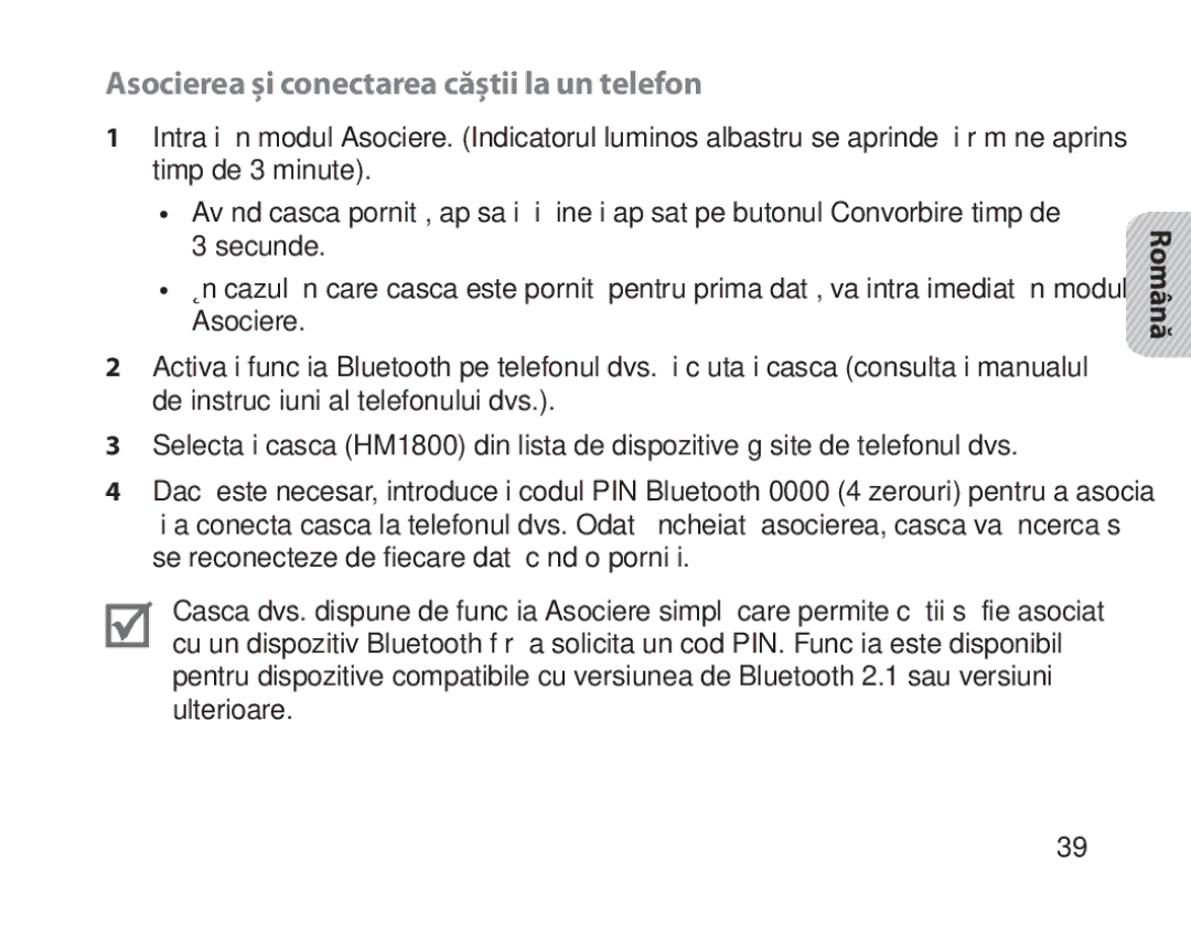 Samsung BHM1800EDRCSER, BHM1800EDECXEF, BHM1800EDECXEV, BHM1800EDECXEH manual Asocierea şi conectarea căştii la un telefon 