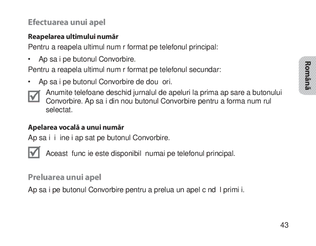Samsung BHM1800EDECEUR Efectuarea unui apel, Preluarea unui apel, Reapelarea ultimului număr, Apelarea vocală a unui număr 