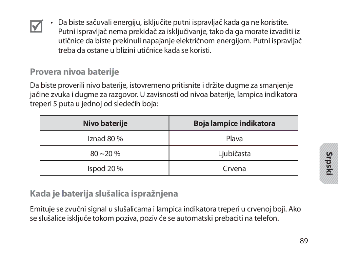 Samsung BHM1800EDECXEV, BHM1800EDECXEF, BHM1800EDECXEH manual Provera nivoa baterije, Kada je baterija slušalica ispražnjena 