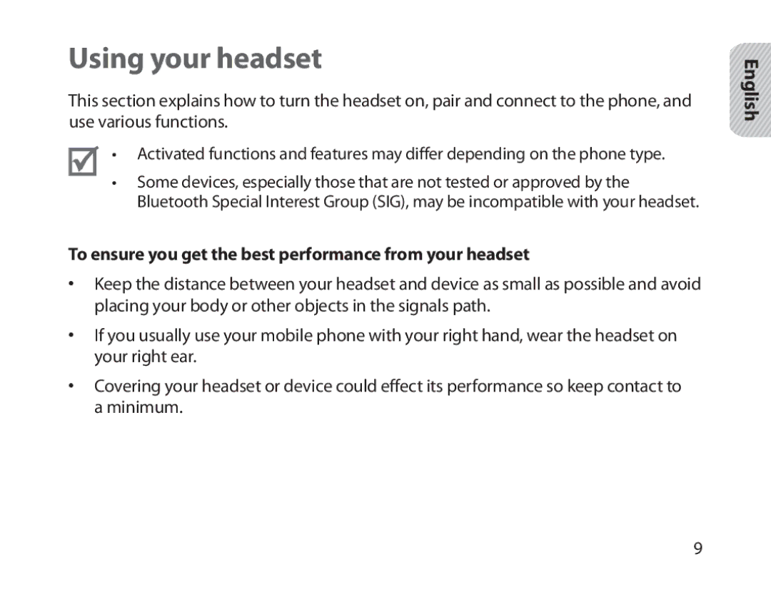 Samsung BHM1800EDRCSER, BHM1800EDECXEF manual Using your headset, To ensure you get the best performance from your headset 