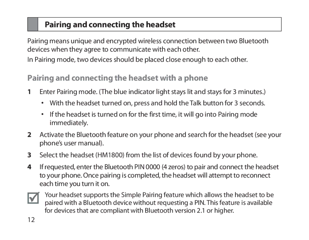 Samsung BHM1800EDECXEH, BHM1800EDECXEF, BHM1800EDECXEV, BHM1800EDECEUR Pairing and connecting the headset with a phone 