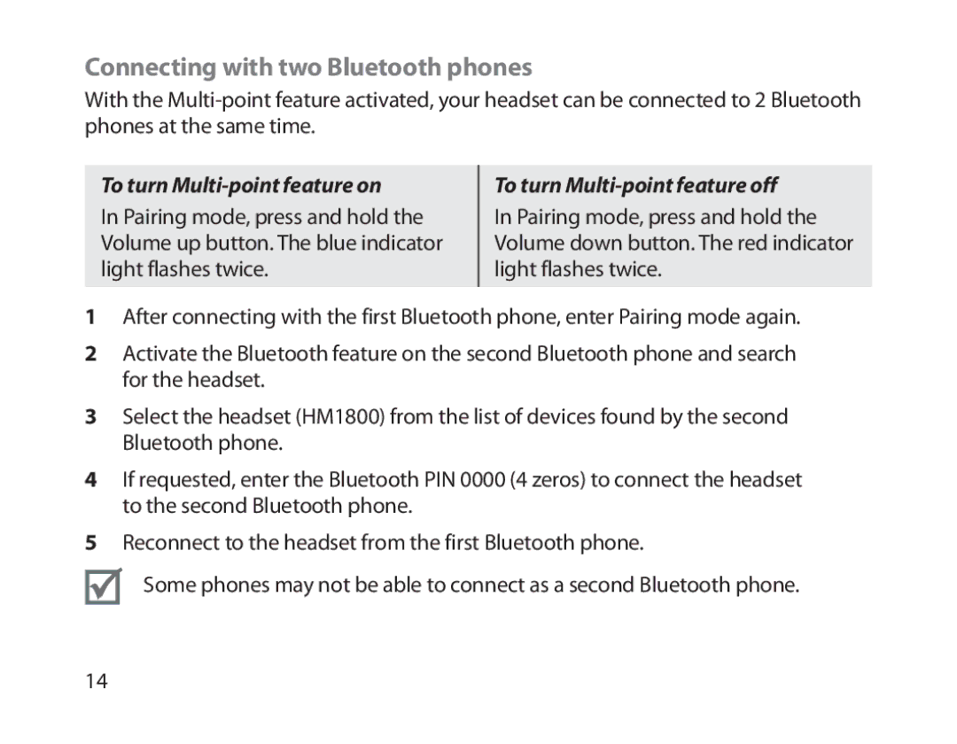 Samsung BHM1800EDECHAT, BHM1800EDECXEF manual Connecting with two Bluetooth phones, To turn Multi-point feature off 