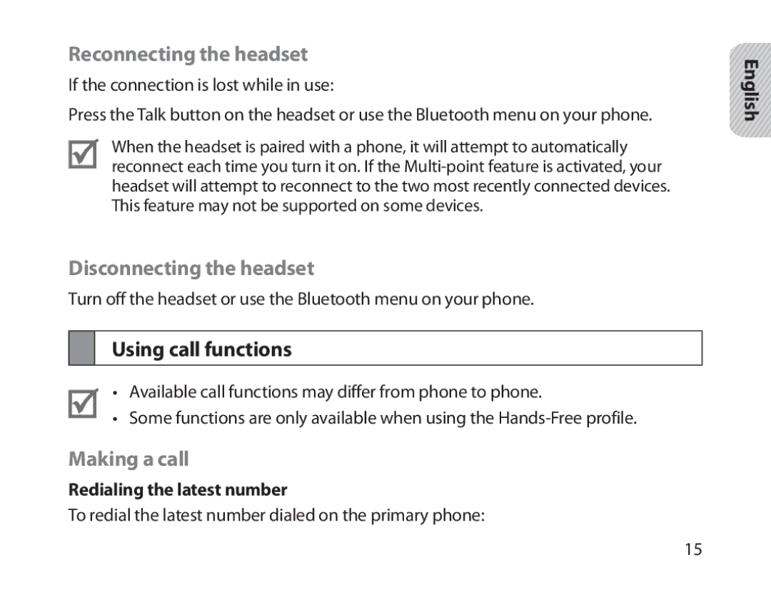 Samsung BHM1800EDRCSER manual Reconnecting the headset, Disconnecting the headset, Using call functions, Making a call 