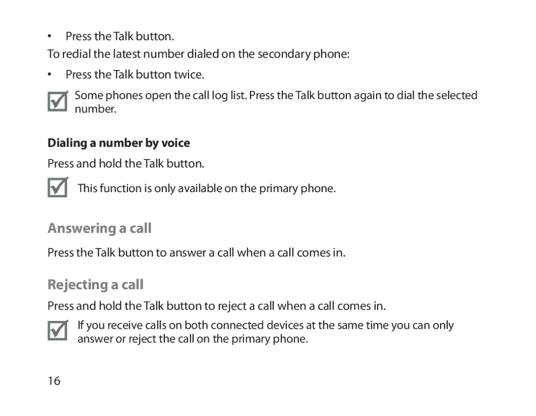 Samsung BHM1800EDECXEF, BHM1800EDECXEV, BHM1800EDECXEH manual Answering a call, Rejecting a call, Dialing a number by voice 