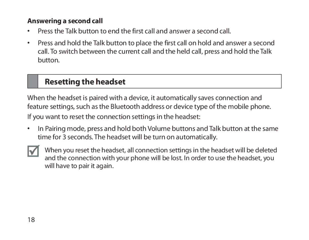 Samsung BHM1800EDECXEH, BHM1800EDECXEF, BHM1800EDECXEV, BHM1800EDECEUR manual Resetting the headset, Answering a second call 