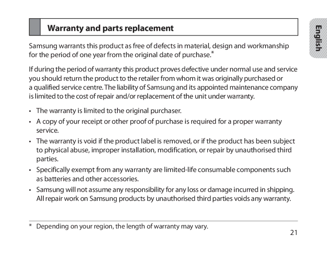 Samsung BHM1800EDRCSER, BHM1800EDECXEF, BHM1800EDECXEV, BHM1800EDECXEH, BHM1800EDECEUR manual Warranty and parts replacement 