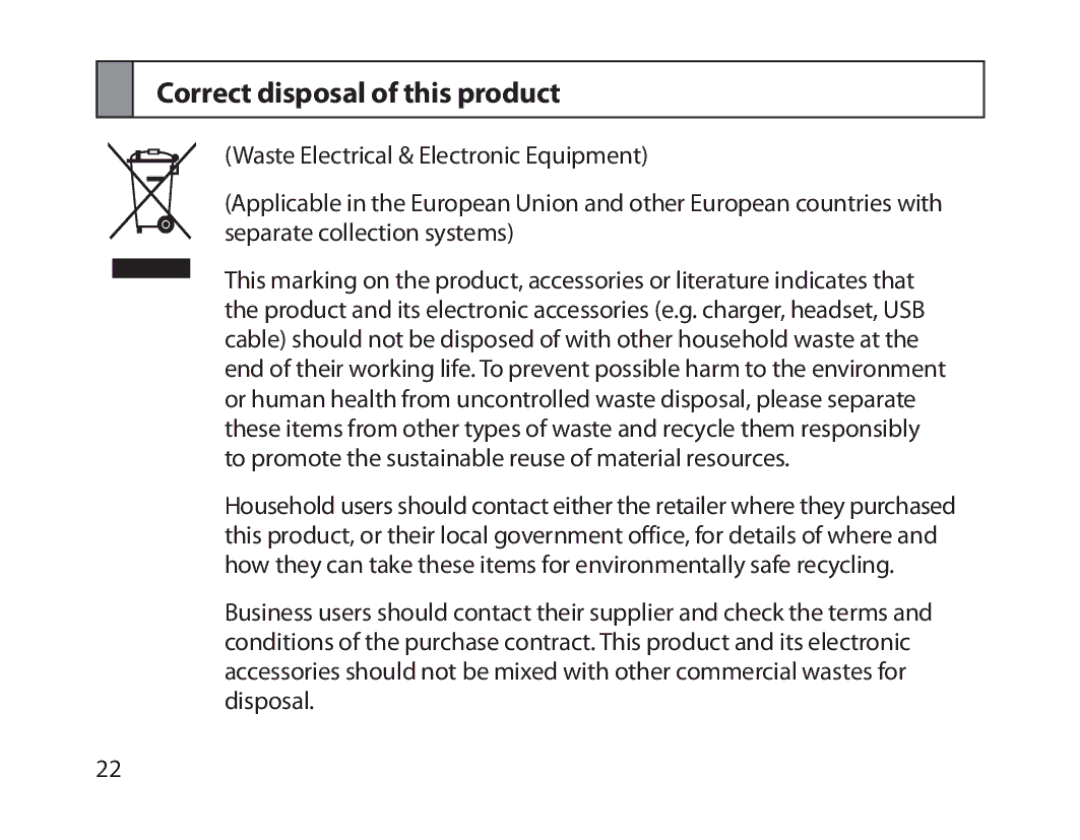 Samsung BHM1800EDECXEF, BHM1800EDECXEV, BHM1800EDECXEH, BHM1800EDECEUR, BHM1800EDECHAT manual Correct disposal of this product 