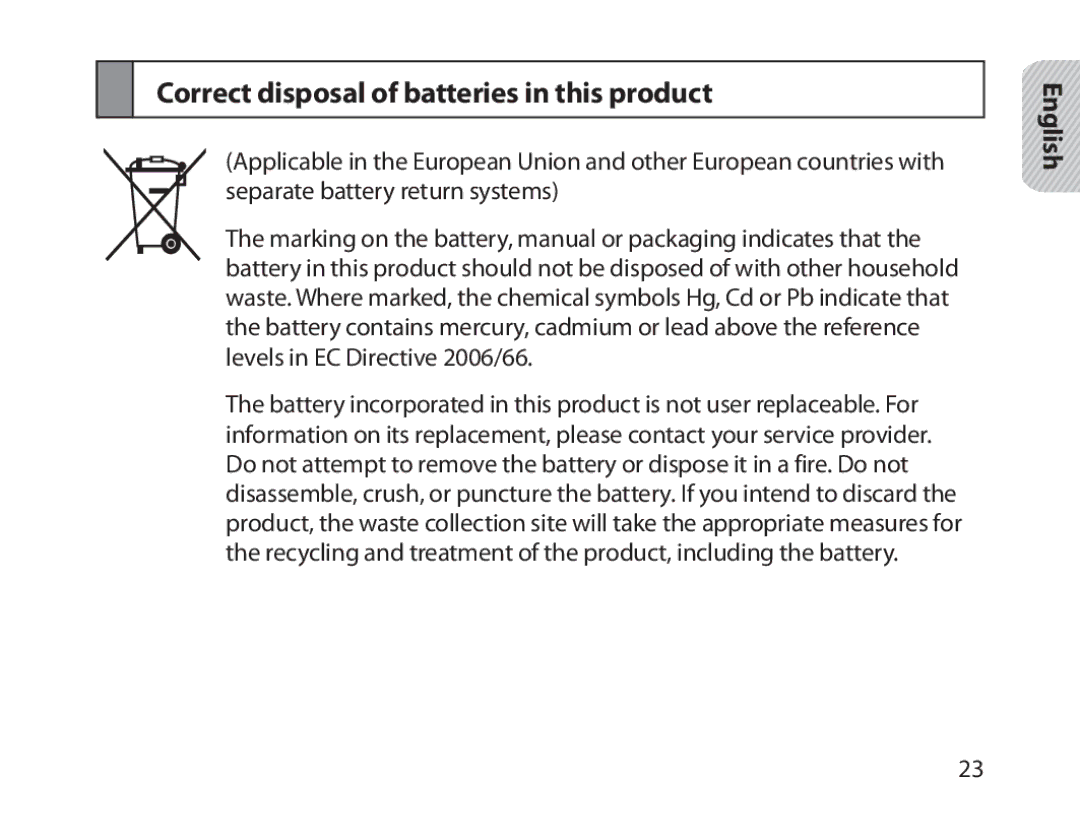 Samsung BHM1800EDECXEV, BHM1800EDECXEF, BHM1800EDECXEH, BHM1800EDECEUR manual Correct disposal of batteries in this product 