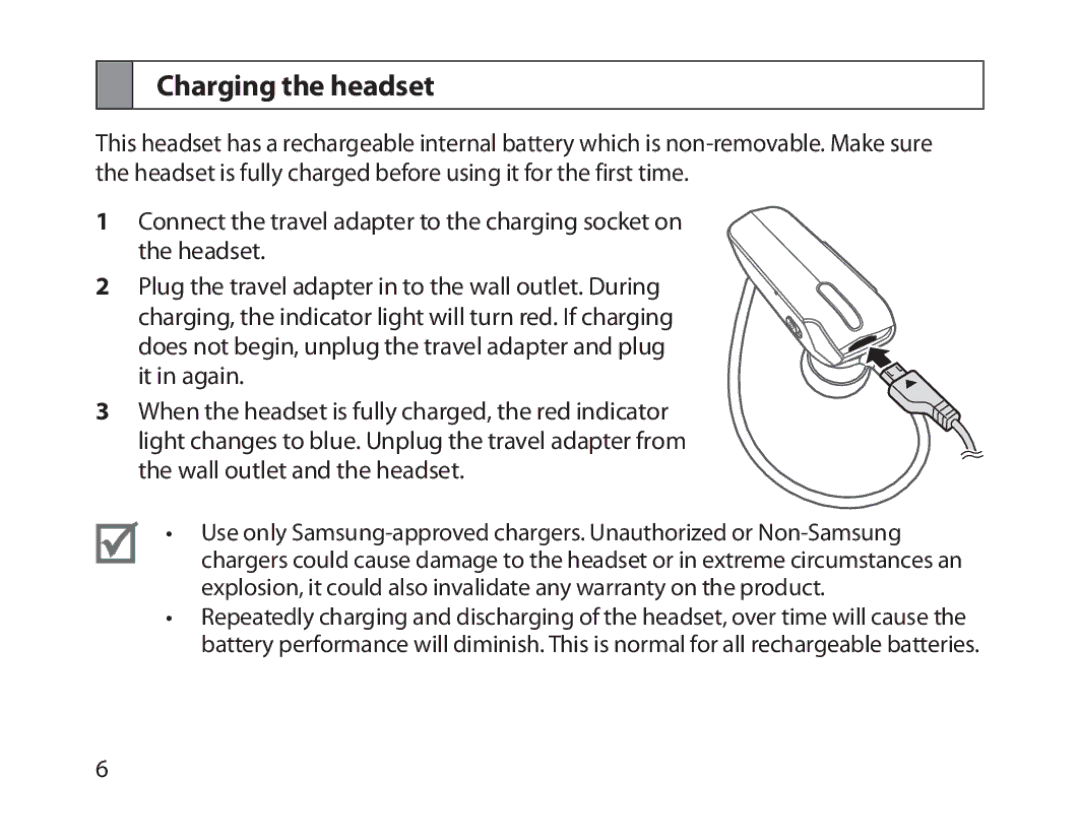 Samsung BHM1800EDECXEH, BHM1800EDECXEF, BHM1800EDECXEV, BHM1800EDECEUR, BHM1800EDECHAT, BHM1800EDRCSER Charging the headset 